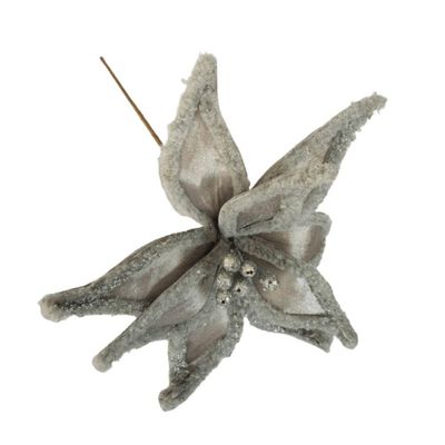 Flor Artificial Natalina Poinsétia Veludo Prata Haste 50cm