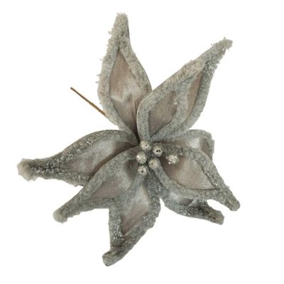 Flor Artificial Natalina Poinsétia Veludo Prata Haste 50cm