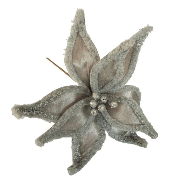 Flor Artificial Natalina Poinsétia Veludo Prata Haste 50cm
