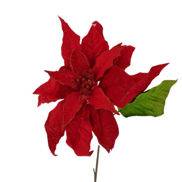 Flor Artificial Natalina Poinsétia Veludo Vermelha Com Haste 55cm