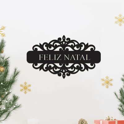 Placa Feliz Natal Com Arabesco 30cmx17cm - Cria Arte Laser Dourado