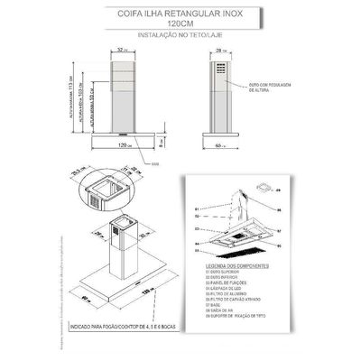 Coifa Nardelli Ilha Teto Retangular Inox 120 Cm Inox 110V