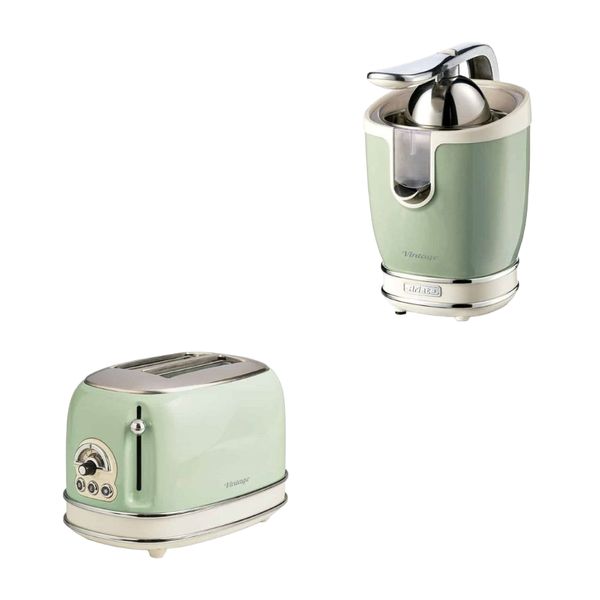 KIT ARIETE VINTAGE VERDE TORRADEIRA ELÉTRICA 2 FATIAS 6 NIVEIS DE TOSTAGEM 750W E ESPREMEDOR ARIETE DE FRUTAS 85W 220v
