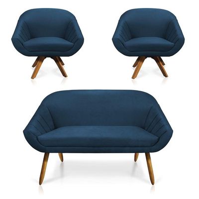 Kit 01 Namoradeira 02 Lugares E 02 Poltronas Giovana Suede Azul Marinho