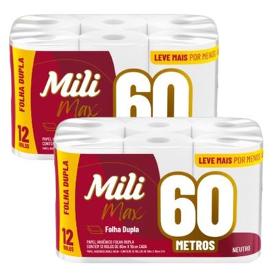 Papel Higienico Mili Dual 60m- Folha dupla-  Neutro -24 rolos