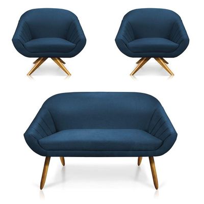 Kit 01 Namoradeira 02 Lugares E 02 Poltronas Giovana Suede Azul Marinho