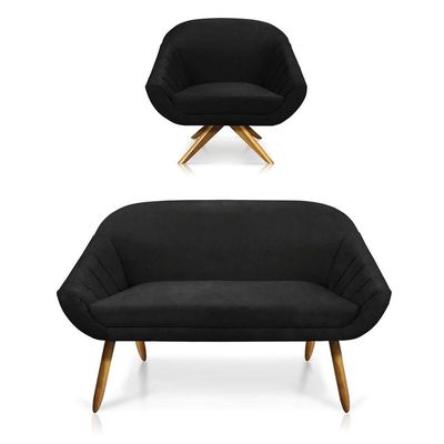 Kit 01 Namoradeira 02 Lugares E 01 Poltrona Giovana Suede Preto