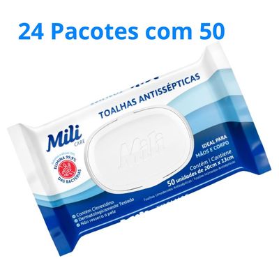 Lenço Umedecido ou Toalhas Antissépticas Mili  24 pacotes c/ 50 (total: 1200 toalhas)