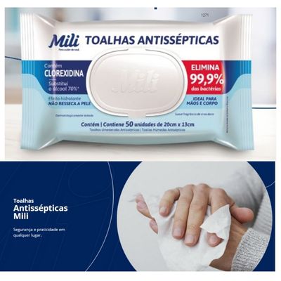 Lenço Umedecido ou Toalhas Antissépticas Mili  12 pacotes c/ 50 (total: 600 toalhas)