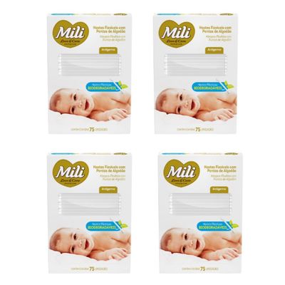 Cotonete Hastes Flexiveis 4 caixas c/ 75 Biodegradável  MILI (Total: 300 hastes)