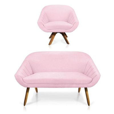 Kit 01 Namoradeira 02 Lugares E 01 Poltrona Giovana Suede Rosa Bebê