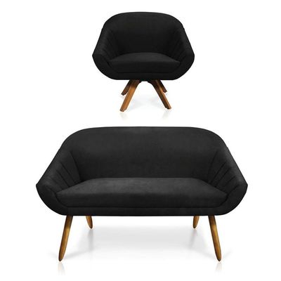 Kit 01 Namoradeira 02 Lugares E 01 Poltrona Giovana Suede Preto