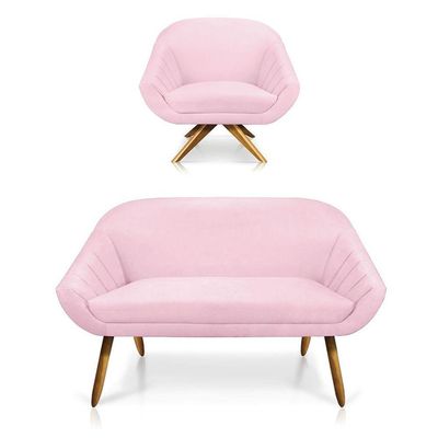 Kit 01 Namoradeira 02 Lugares E 01 Poltrona Giovana Suede Rosa Bebê