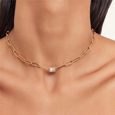 Colar Elos Ovais com cristal retangular banhado em ouro 18k