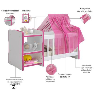 Berço Para Boneca Cristal Princesas C02 Brinquedo Infantil Branco Rosa - Lyam Decor