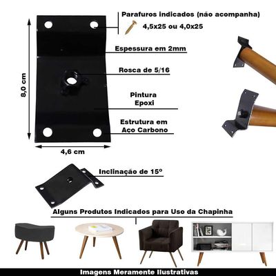 Kit 2 Chapinhas Chapa Inclinada 15º Fixação Pés Palito Rosca 5/16 Preto G59