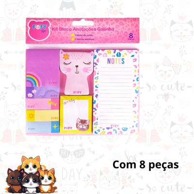 KIT ANOTAÇÕES DE GATINHO COM 8 PEÇAS PARA ANOTAÇÕES - FOFY
