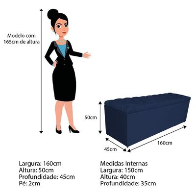 Calçadeira Liverpool 160cm Queen Size Suede Azul Marinho