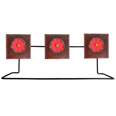 Kit Banheiro 3 Peças Toalheiro Cabideiro Porta Papel Papel Com Flores Coloridas Cor Vermelho
