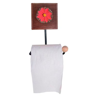 Kit Banheiro 3 Peças Toalheiro Cabideiro Porta Papel Papel Com Flores Coloridas Cor Vermelho
