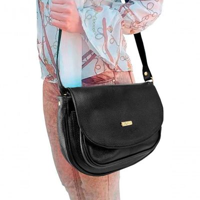 Bolsa Couro Legítimo Feminina Transversal Luxo Cor Preto