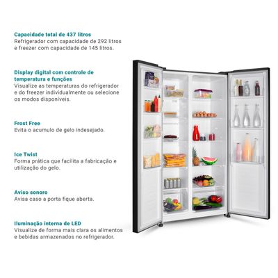 Geladeira 437L Philco Inverter Side by Side Inox PRF535I 127V