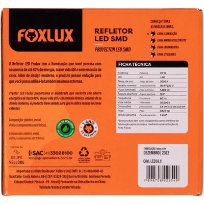 Kit 5 Refletor Led 20w 3000k Preto Bivolt Foxlux