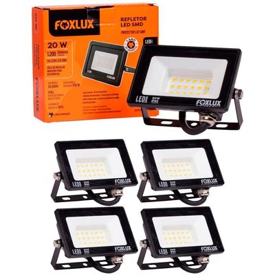 Kit 5 Refletor Led 20w 3000k Preto Bivolt Foxlux