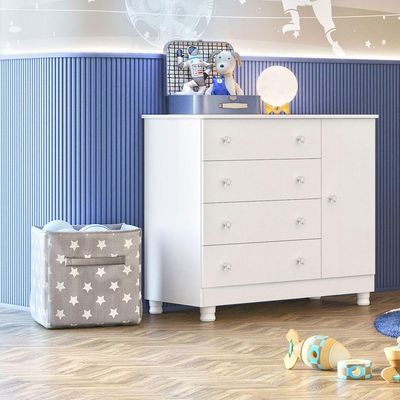 Cômoda Sapateira Infantil 1 Porta 4 Gavetas C/ Pés Doce Mel Branco