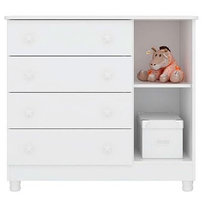 Cômoda Sapateira Infantil 1 Porta 4 Gavetas C/ Pés Doce Mel Branco