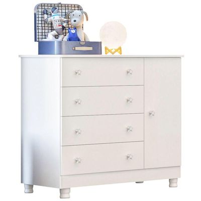 Cômoda Sapateira Infantil 1 Porta 4 Gavetas C/ Pés Doce Mel Branco