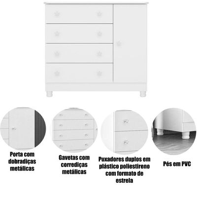 Cômoda Sapateira Infantil 1 Porta 4 Gavetas C/ Pés Doce Mel Branco