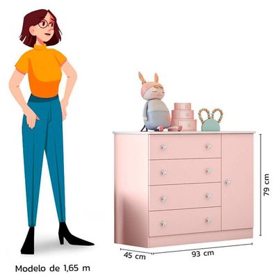 Cômoda Sapateira Infantil 1 Porta 4 Gavetas Doce Mel Rosa