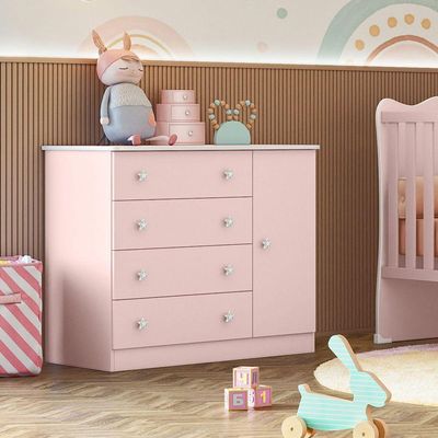 Cômoda Sapateira Infantil 1 Porta 4 Gavetas Doce Mel Rosa