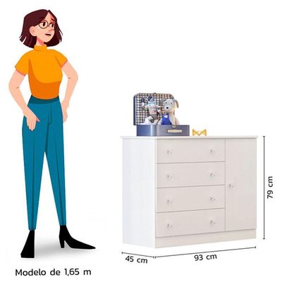 Cômoda Sapateira Infantil 1 Porta 4 Gavetas Doce Mel Branco