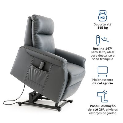 Poltrona Leito Elevatória e Reclinável Elevamed Dellamed com Controle Bivolt Cinza / Bivolt