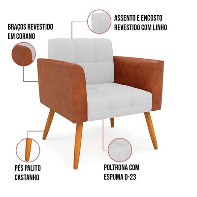 Poltrona Pés Palito Castanho Kit 2 Elisa Nozes-linho Cinza A05 D03 - D'rossi