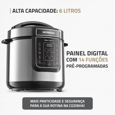 Panela de Pressão Elétrica Digital 6L Mondial Preto e Inox - PE-60-6L-I 127V