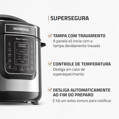 Panela de Pressão Elétrica Digital 6L Mondial Preto e Inox - PE-60-6L-I 127V