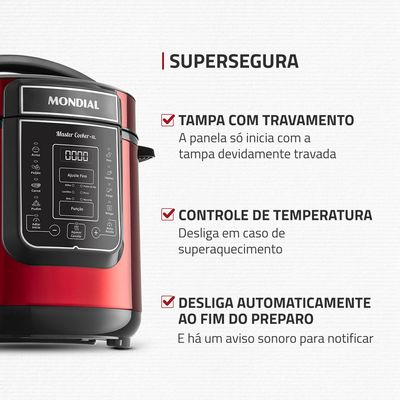 Panela de Pressão Elétrica Digital 6L, Mondial, Vermelho e Inox - PE-60-6L-RI 127V