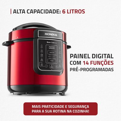 Panela de Pressão Elétrica Digital 6L, Mondial, Vermelho e Inox - PE-60-6L-RI 127V
