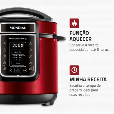 Panela de Pressão Elétrica Digital 6L, Mondial, Vermelho e Inox - PE-60-6L-RI 127V