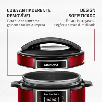 Panela de Pressão Elétrica Digital 6L, Mondial, Vermelho e Inox - PE-60-6L-RI 220V