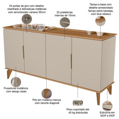 Aparador Buffet Para Sala de Jantar 4 Portas 160cm Dante L05 Jequitibá Off White Fosco - Lyam Decor