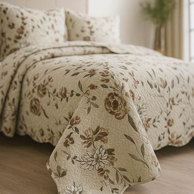 Kit Cobre Leito Colcha Magnus Solteiro 2 Peças Dupla Face Estampado Floral - Natural - 100% Poliéster