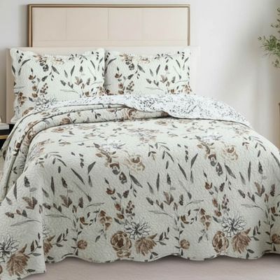 Kit Cobre Leito Colcha Magnus Casal 3 Peças Dupla Face Estampado Floral - Natural - 100% Poliéster