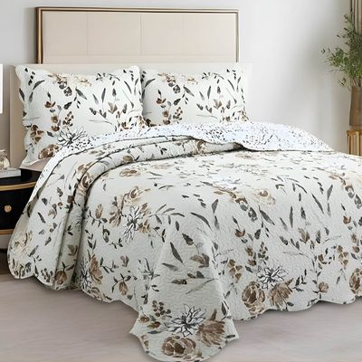 Kit Cobre Leito Colcha Magnus Casal 3 Peças Dupla Face Estampado Floral - Natural - 100% Poliéster