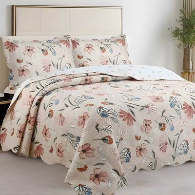 Kit Cobre Leito Colcha Magnus Queen 3 Peças Dupla Face Estampado Floral - Rosa - 100% Poliéster