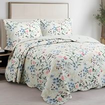 Kit Cobre Leito Colcha Magnus Casal 3 Peças Dupla Face Estampado Floral - Primavera Azul - 100% Poliéster
