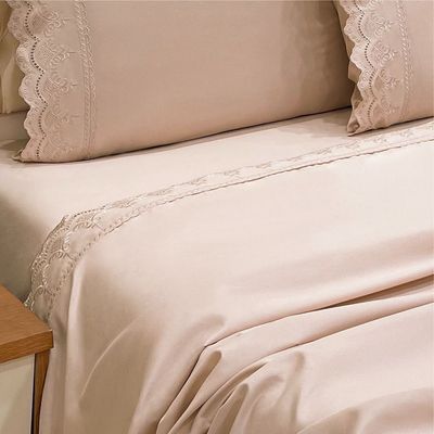 Jogo de Cama Lençol Realce Casal 4 Peças Percal 300 Fios Bordado Inglês Macio - Rosê